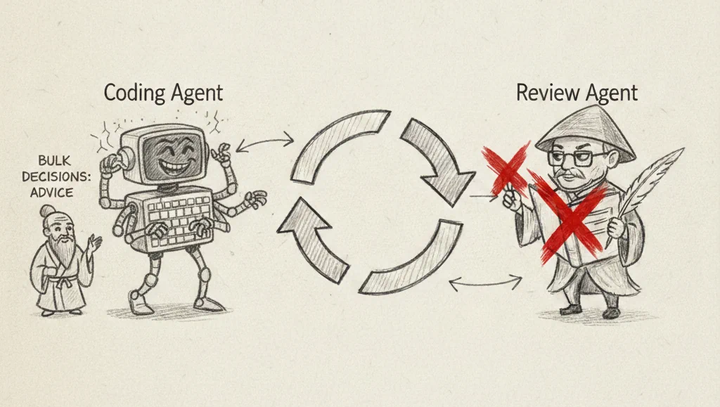A coding agent and review agent connected by circular arrows, with a small advisor figure providing bulk decisions - illustrating the autonomous review loop workflow